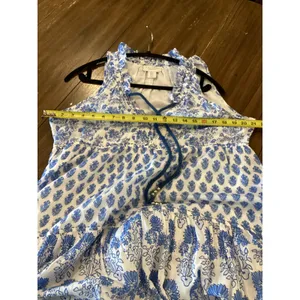 Calypso St Barth Daria Dress M Blue White Block Print Floral Cotton Resort Maxi thumbnail 6
