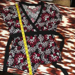 Y2K Vintage Whimsygoth Wrap Top Belted Babydoll V-Neck Blouse Shirt Floral Asymmetrical Hem Short Sleeve USA Made Red White Black-M Measurement in pics Great condition thumbnail 8