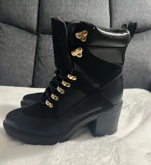 Black Heeled Lace-Up Ankle Boots with Gold Hardware thumbnail 1