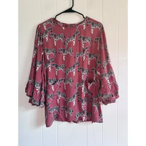World Market Zebra Print Ruffle Bell Sleeve Blouse Mauve Pink L/XL thumbnail 2