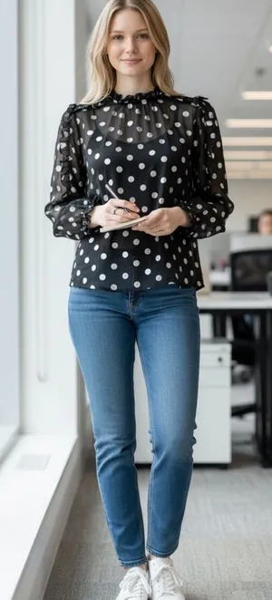 Black Polka Dot Sheer Long-Sleeve Blouse with Ruffled Neckline thumbnail 1