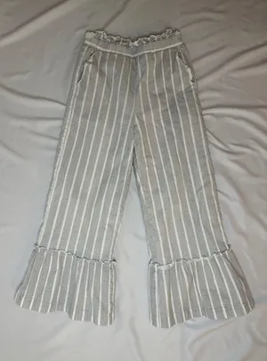 English Factory Gray Striped Ruffle Cropped Bell Bottom Linen Pants - XS thumbnail 8