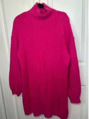 NWT Anthropologie Flat White Pink Fuzzy Turtleneck Long Sleeve Sweater Dress‎ XL thumbnail 1