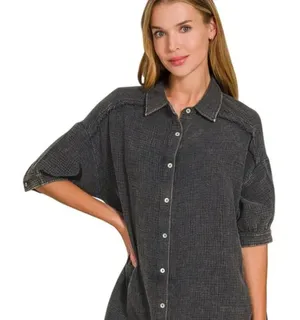 nwt Zenana Washed Double Gauze Button Down Shirt‎ Dress thumbnail 1