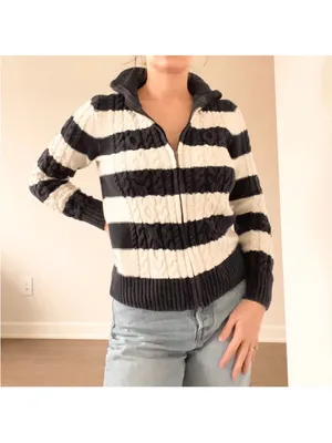 Vintage L.L. Bean Navy Striped Cable-Knit Zip Sweater thumbnail 3