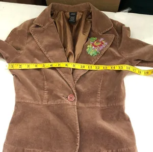 2000s Y2K Unique Brown velvet corduroy blazer jacket embroidered flower patch on the lapel thumbnail 4