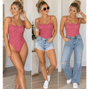 Aerie Smoothez Women’s Medium Pink Heart Print Bodysuit Spaghetti Strap thumbnail 2