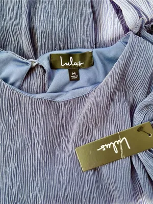 Lulus NWT Dusty Blue Tiered Chiffon Mini Dress Sheer Bell Sleeve M thumbnail 7
