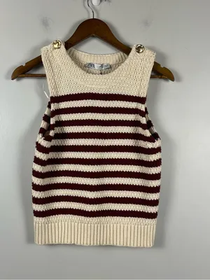 Zara Striped Sleeveless chunky knit Sweater cream/brown/gold NWT size medium thumbnail 2