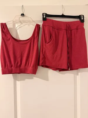 New Mix Ribbed Crop Tank and Drawstring Shorts Set in Red thumbnail 4