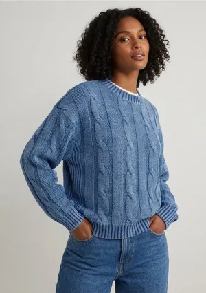 NWT Rag & Bone Miramar Cable-Effect Sweatshirt in Indigo Cotton Fleece M thumbnail 1