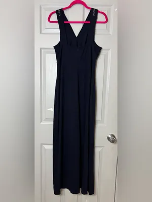 Vintage Cache Women's Evening Dress Navy Blue Maxi Beaded Chest XL Stretch Rayon thumbnail 9