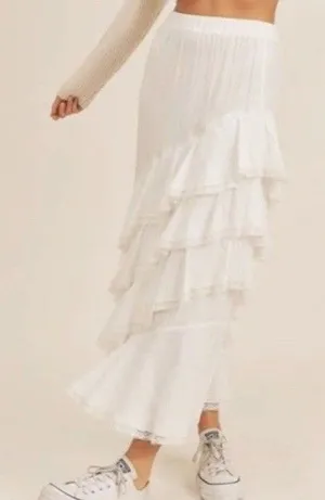 Mable Mischa Crochet Lace White Tired Ruffle Maxi Skirt Coastal Cowgirl Boho M thumbnail 1