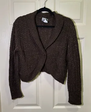 Y2K Sweater Cardigan Brown Tinsel Sz XL Single Button Curved Cropped Cable Knit thumbnail 1