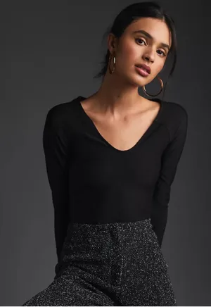 By Anthropologie Ribbed V-neck Bodysuit in Black thumbnail 1
