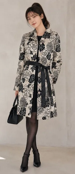 Just In Time Floral Trench Coat Cream Black Satin Duster Leather Belt Med thumbnail 1