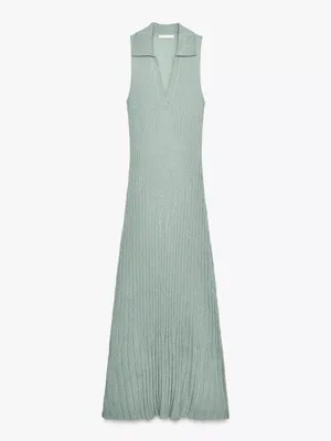 Zara Olive Green Ribbed Maxi Dress with Collar thumbnail 4