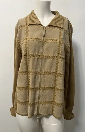 Studio Works Vintage 90s Leather Patchwork Sweater M Full Zip Brown Boho Western Rustic Ranch thumbnail 1
