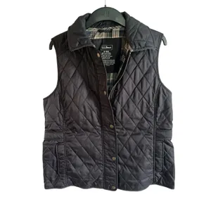 LL Bean Diamond Quilted Full Zip‎ Vest MED Black Plaid Lined Cord Collar thumbnail 2