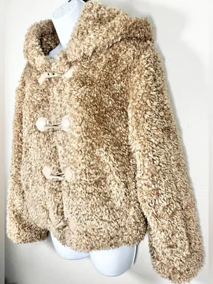 Galita Cozy Khaki Teddy Toggle Jacket with Hood Size Small Tan thumbnail 5