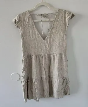 Abercrombie & Fitch Beige Lined Tiered V-Neck Pocket Dress Linen Blend Size S thumbnail 10