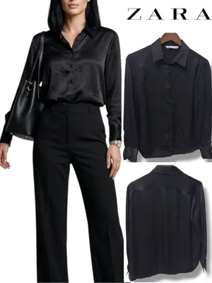 ZARA | EUC Black Satin Silky Button-Down Long Sleeve Shirt Blouse (Size M) thumbnail 2