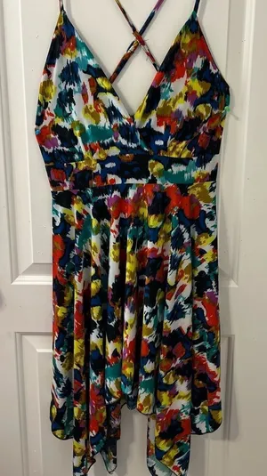 Flyaway Collection Multi-Color Abstract Ikat Cross-Back Handkerchief Hem Dress L thumbnail 1