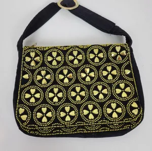 Vintage Retro Womens Bag Black Gold Beaded Studded Corduroy Purse Hong Kong thumbnail 9