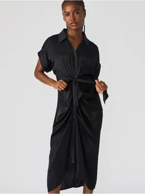 NWT Steve Madden Tori Black Satin Ruched Tie Waist Midi Dress Size 6 thumbnail 13
