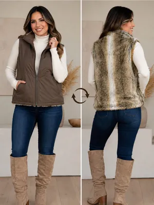 Weatherproof Reversible Faux Fur Vest Brown Beige Size M thumbnail 2