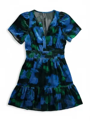 Anthropologie The Somerset Velvet‎ Mini Dress Blue Green Motif Small EUC thumbnail 2
