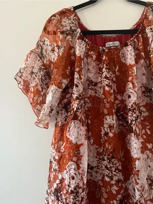 Rust Orange Silk Floral Mini Dress XS Euro Summer Resort Romantic Flutter Sleeve thumbnail 4