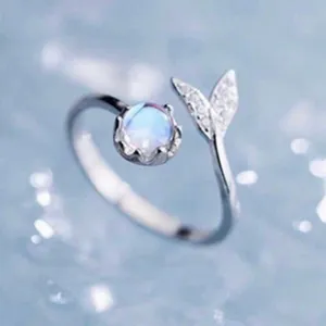 925 Silver Plated Adjustable Moonstone Fishtail Ring for Women thumbnail 3