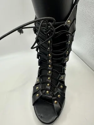 Black Studded Strappy Lace Up Stiletto Heel Ankle Booties Open Toe 6 Rocker Glam thumbnail 2