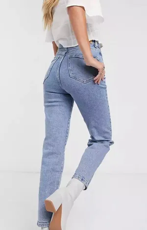 Organic Cotton Slim Mom Jeans with Stretch in Washed Blue thumbnail 3
