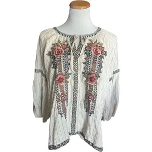 Womens Johnny Was Workshop Juliene Peasant Embroidered Floral Boho Blouse Top L thumbnail 2
