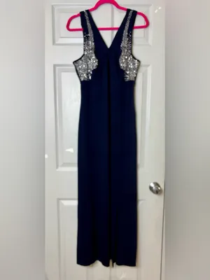 Vintage Cache Women's Evening Dress Navy Blue Maxi Beaded Chest XL Stretch Rayon thumbnail 10
