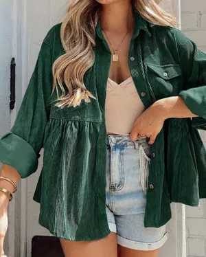 Inlawly Green Corduroy Peplum Shacket Size L thumbnail 1