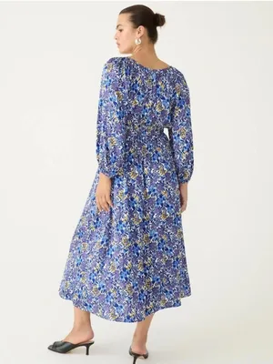 J. Crew V-neck Midi Dress in Fête Floral Print Blue Satin Long Sleeves Medium thumbnail 2