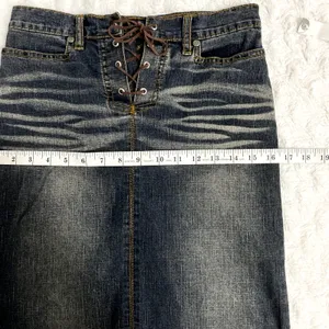 Vintage Y2K Street Code Blue Dark Wash Denim Lace Up Boho Midi Skirt 3/4 thumbnail 6