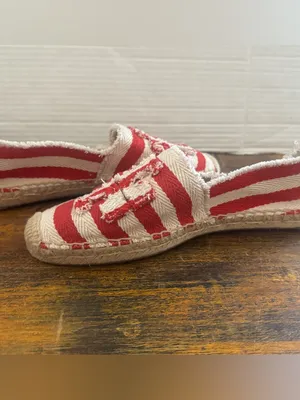 Tory Burch Fray Stripe Espadrille Flats Red White Canvas Logo Slip On Shoes 8.5 thumbnail 5