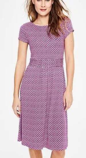 Boden Amelie Jersey Women's Pink Blue Zigzag Print Smocked Waist Dress Pockets‎ thumbnail 1