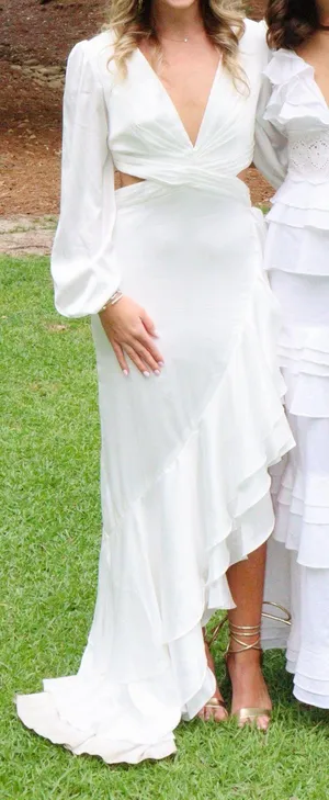 White Asymmetrical Ruffled Gown Mac Duggal Cut-Out 4 thumbnail 9