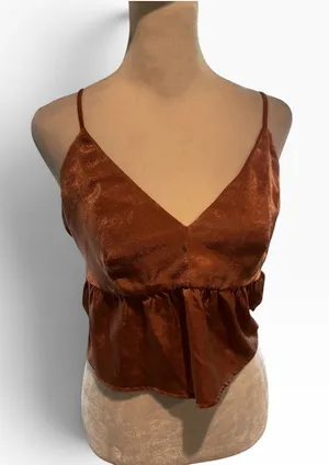 Mi Ami Copper/Bronze Satin V-Neck Spaghetti Strap Camisole. Flattering thumbnail 1