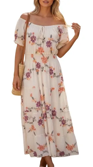 Anthropologie Kindred Ivory Floral Embroidered Cottage Maxi Dress Petite Small thumbnail 1