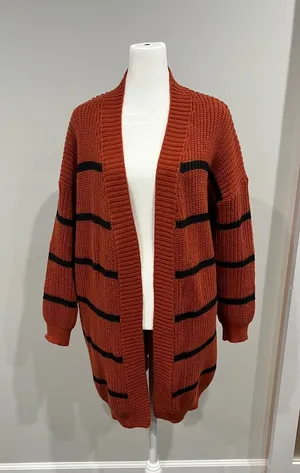 Chunky‎ cozy oversized SHEIN Orange Black Striped Knit Cardigan Sweater Women M thumbnail 1
