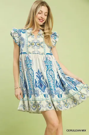 Umgee Mix Ruffle Sleeve‎ Boho Print Dress - Cerulean Mix - Small thumbnail 1