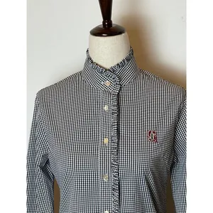 Peter Millar Black And White Gingham Long Sleeve Button Down Ruffle Trim Top XS‎ thumbnail 4
