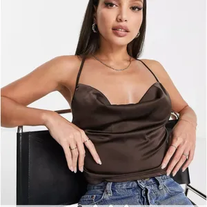 New Parisian satin cami strap top with‎ cowl neck in chocolate brown thumbnail 2