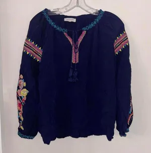 Solitaire Blue V Neck Boho Floral Embroidered Long Sleeve Blouse Tunic thumbnail 1